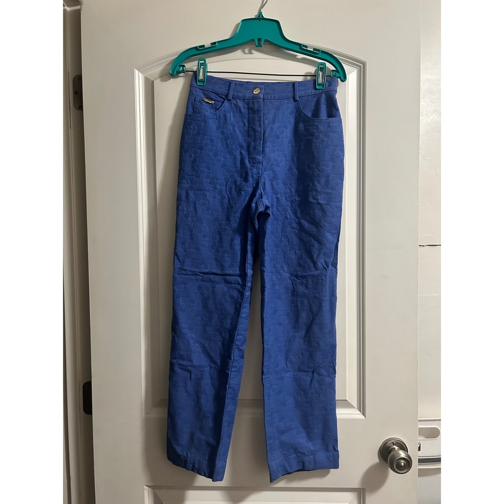 St John Sport Marie Gray Blue Jacquard High Waisted Straight Leg‎ Pants Size 2